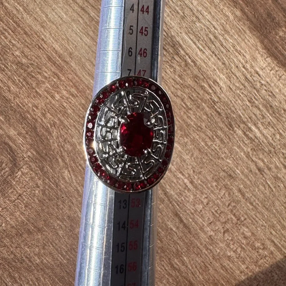 Red Rhinestone Silver Tone Costume Chunky Ring Size 5 1/4 Statement